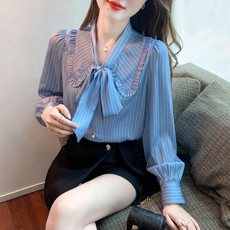 

Женская рубашка в полоску с пышными рукавами, модная элегантная блузка с воротником на пуговицах в стиле Питера Пэна, весна 2023, синие топы, женская одежда 24688 XXL орион
