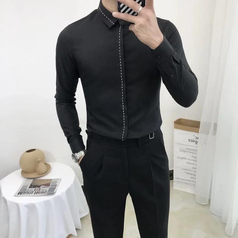 Smart Casual Spring Autumn Men Clothing Shirts Lapel Line Single Breasted Korean Fashion Trend Business Slim Long Sleeve Tops