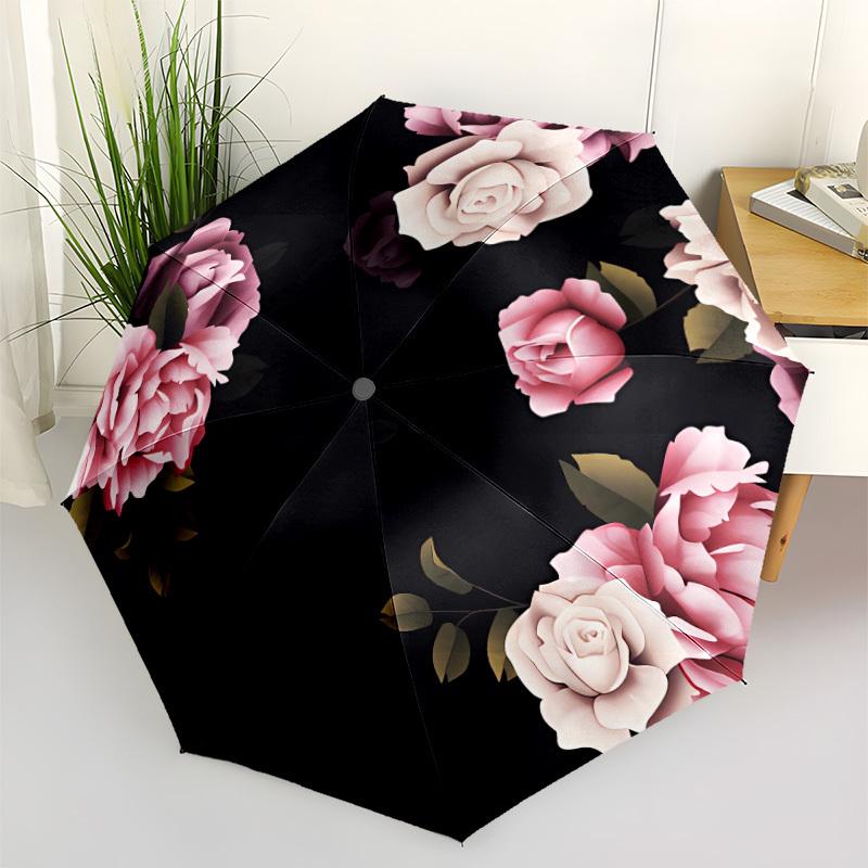 

Women s Automatic Opening/Closing Umbrella with Pink Rose Floral Design on Black - 8-Rib Compact Folding Umbrella, All-Season (as the picture,Iron&8K)