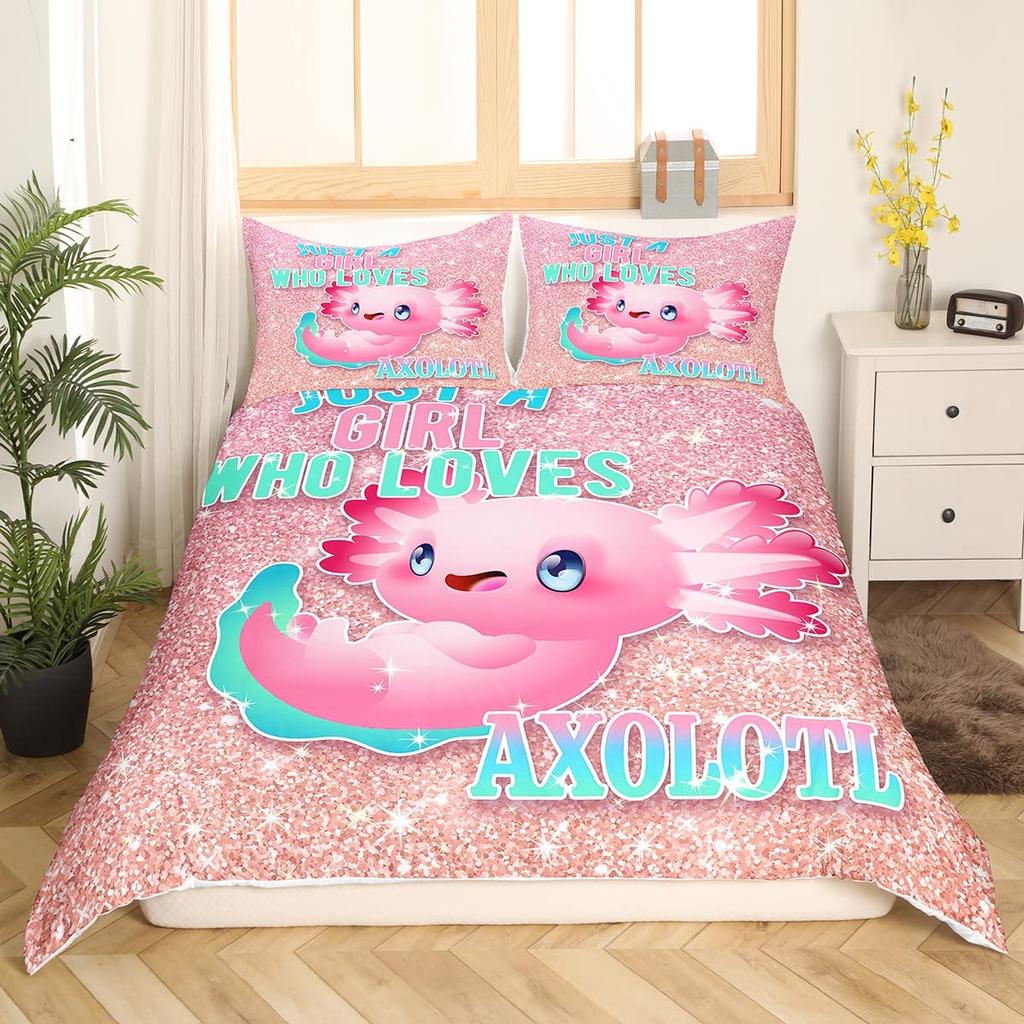 Axolotl Duvet Cover Set Pink Newt Wildlife Comforter Cover With Pillowcases Cartoon Octopus Animal Kawaii Style Twin Quilt Cover