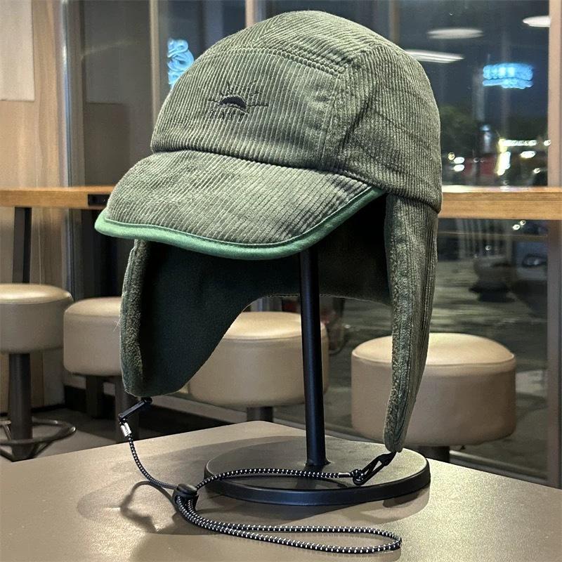

Winter cold and warm ear protection versatile Lei Feng hat ear protection hat embroidery tide brand solid color corduroy flying cap M（56-58cm） армія зелений колір
