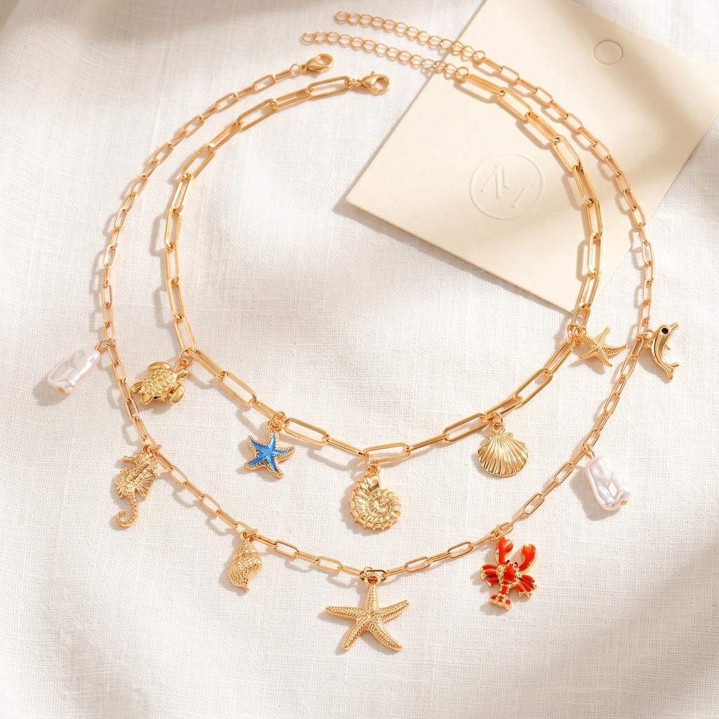 Boho Layered Ocean Charm Necklace Set Paperclip Chain Starfish Shell Seahorse Lobster Faux Pearl Summer Beach Jewelry for Women