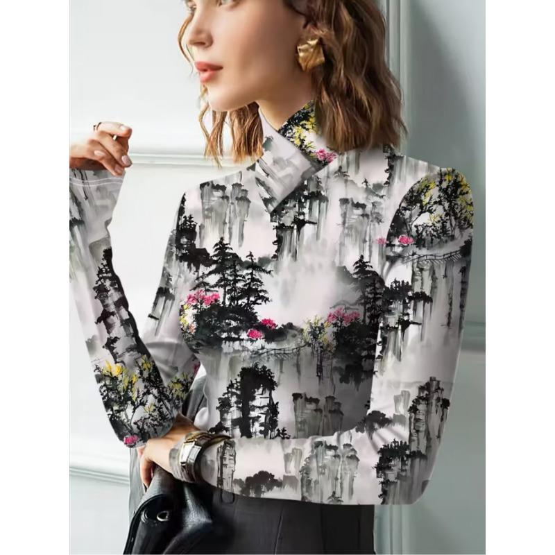 Ladies Shanshui Former Residence Long Sleeve Shirt - Half Turtle Collar T-Shirt Top, Slight Elasticity - Versatile Shirt for All Seasons