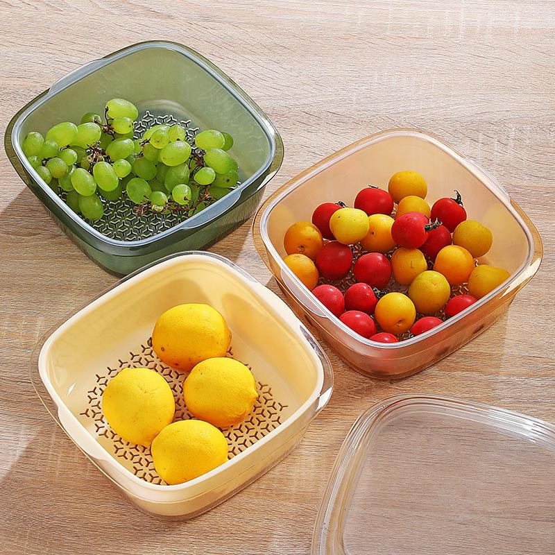 2 Layer Refrigerator Storage Box Vegetable Fruit Box Kitchen Drain Basket Food Multifunction Organizers with Lid Large Capacity