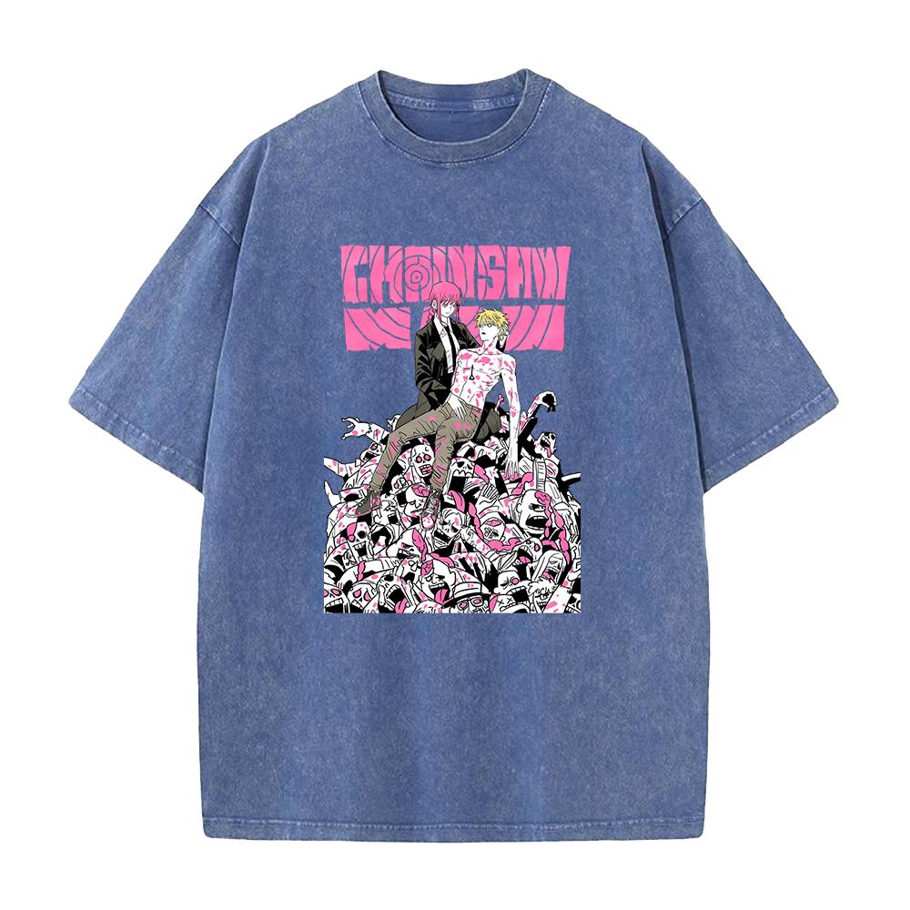 Anime Chainsaw Man Tshirt Denji Makima Print T Shirt Men Women Clothing Short Sleeve Cotton Tee Vintage Washed Oversized Tshirt