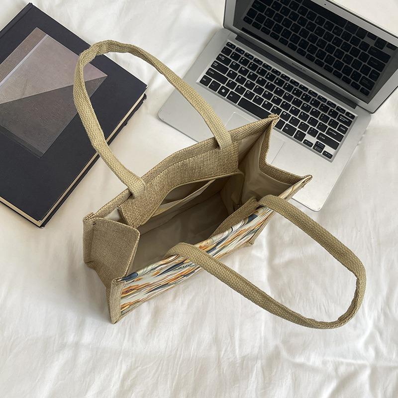 Linen zipper handbag women's new flower pattern large capacity tote bag going out to work commuting linen bag