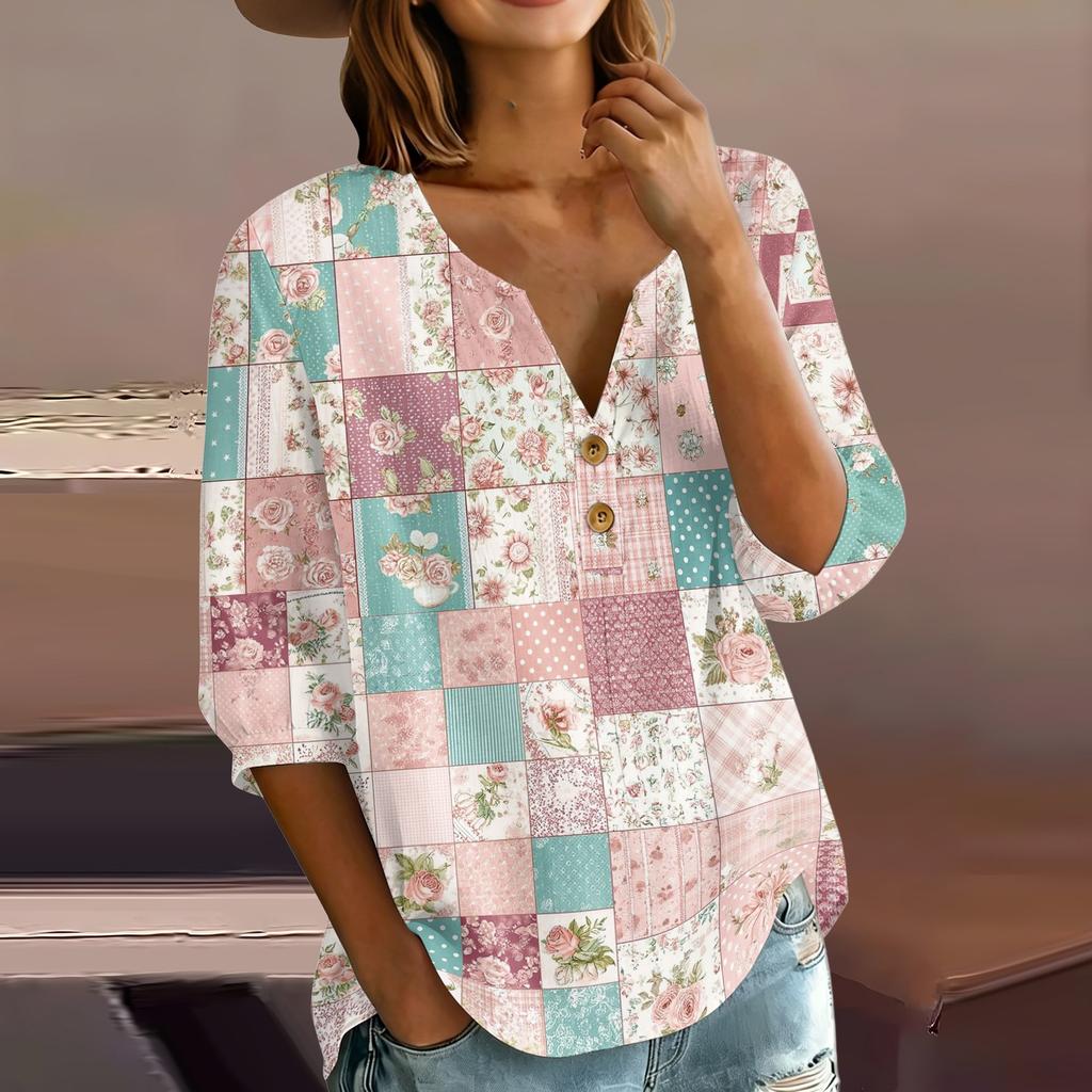 Women’s Fashion Printed Patchwork Cotton Linen Henley Shirt with Button Front and Three Quarter Sleeves Relaxed Fit Top