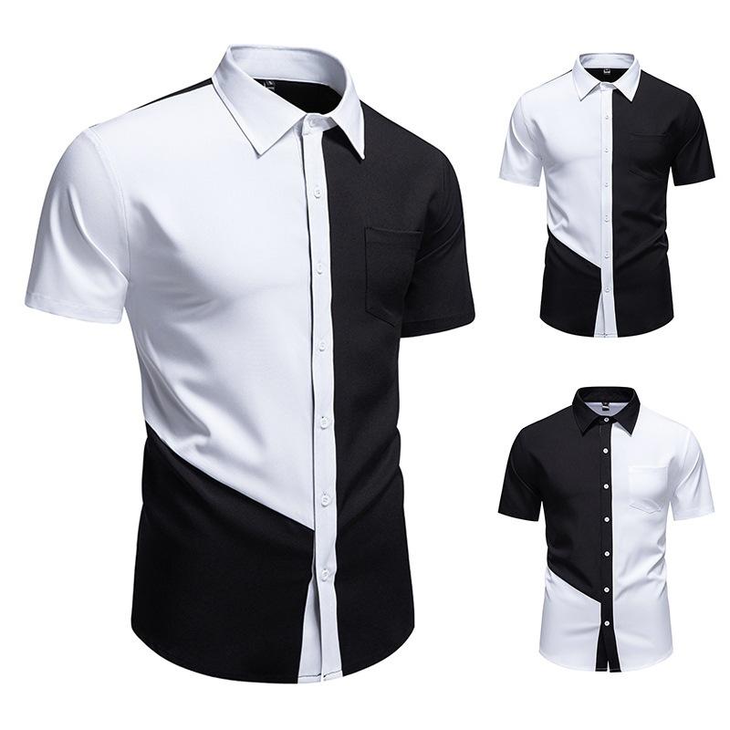 

Men s Black White Color Block Short Sleeve Button Down Shirt Casual Patchwork Top S белый