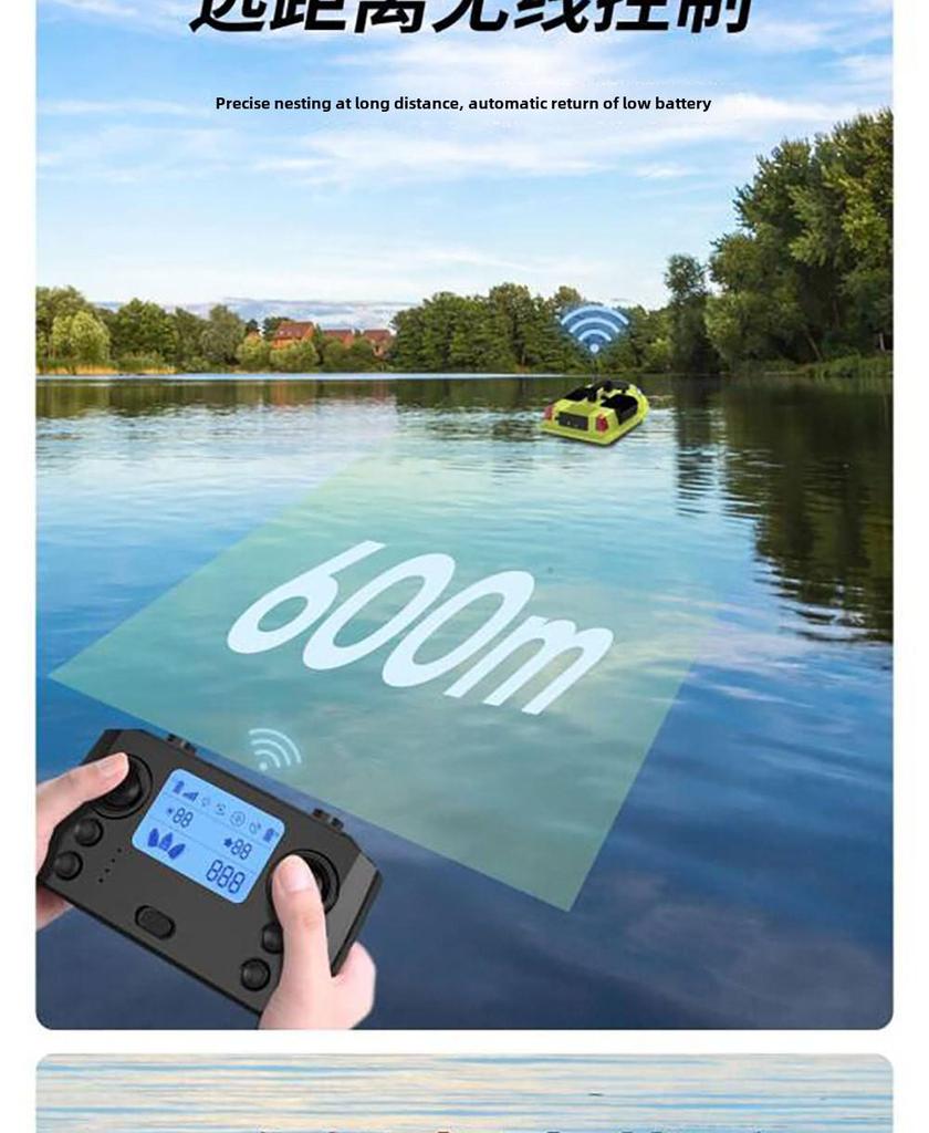 Fishing Boat GPS with Auto Return, 500m Remote Control, Bait Delivery, and Triple Storage Compartments