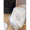 Women Cartoon Print Beaded Sun Protection Shirt Round Neck Loose Long Sleeve Thin Lyocell Casual Summer T-shirt