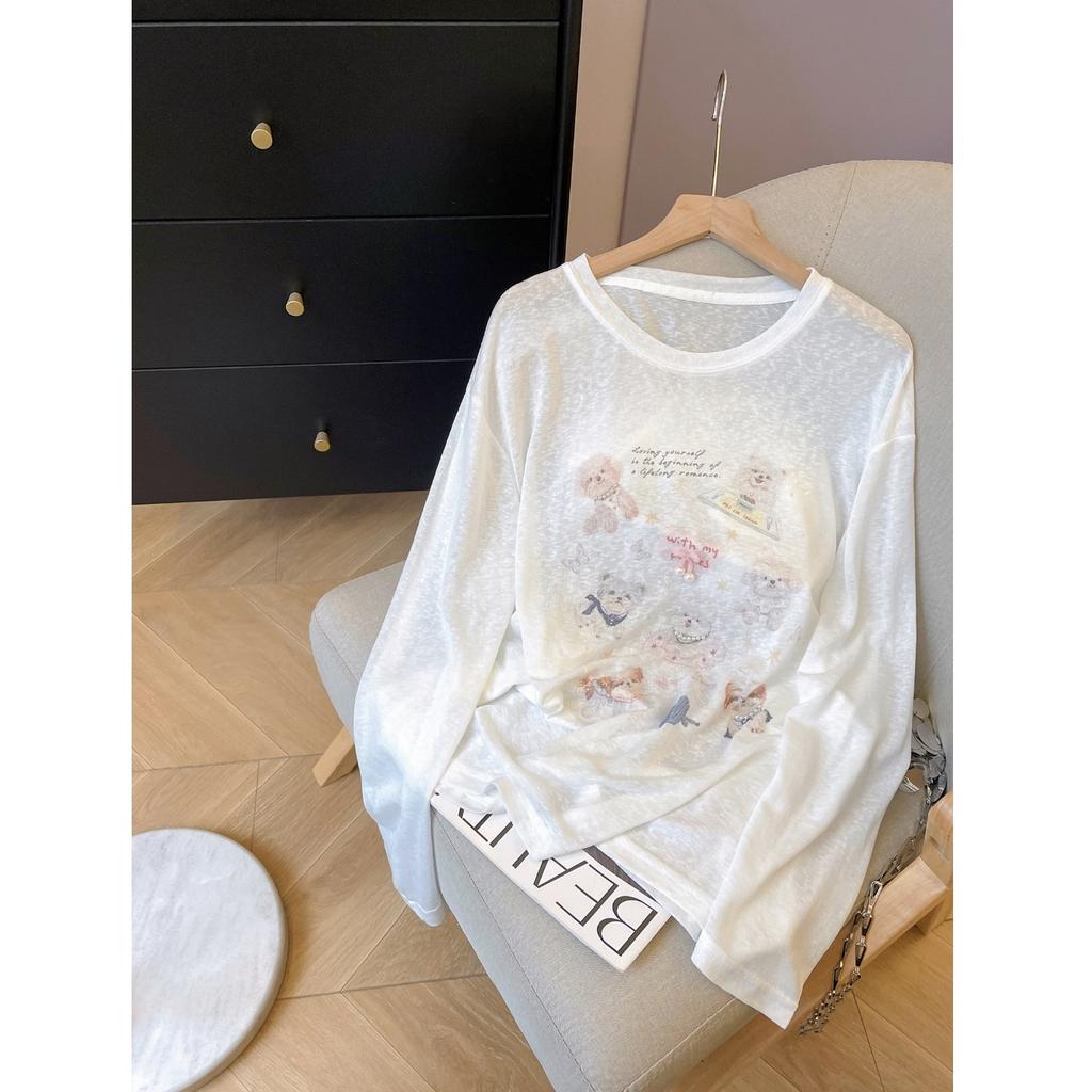 Women Cartoon Print Beaded Sun Protection Shirt Round Neck Loose Long Sleeve Thin Lyocell Casual Summer T-shirt