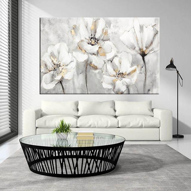 Classcial Flowers Canvas Painting White Golden Posters and Prints Landscape Wall Picture for Living Room Home Decor No Frame