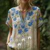Women Shirt V-Neck Short Sleeve Loose Fit Pullover Tops 3D Printed Pattern Summer Casual Blouse Daily Wear