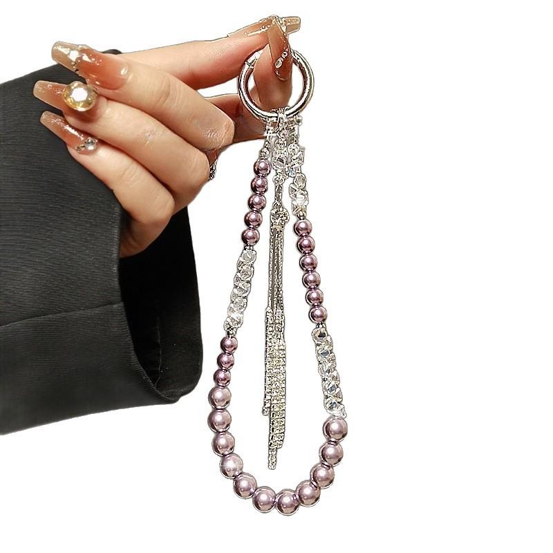 Luxury Premium Sparkling Diamond Tassel Crystal Mobile Phone Lanyard, Large Flower Pearl Short Portable Phone Chain Pendant