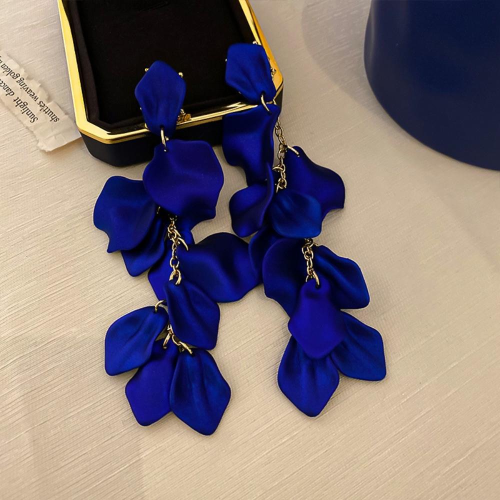 Fashionable multi-color red, blue, purple petal pendant earrings for women, new women's long exaggerated pendant earrings