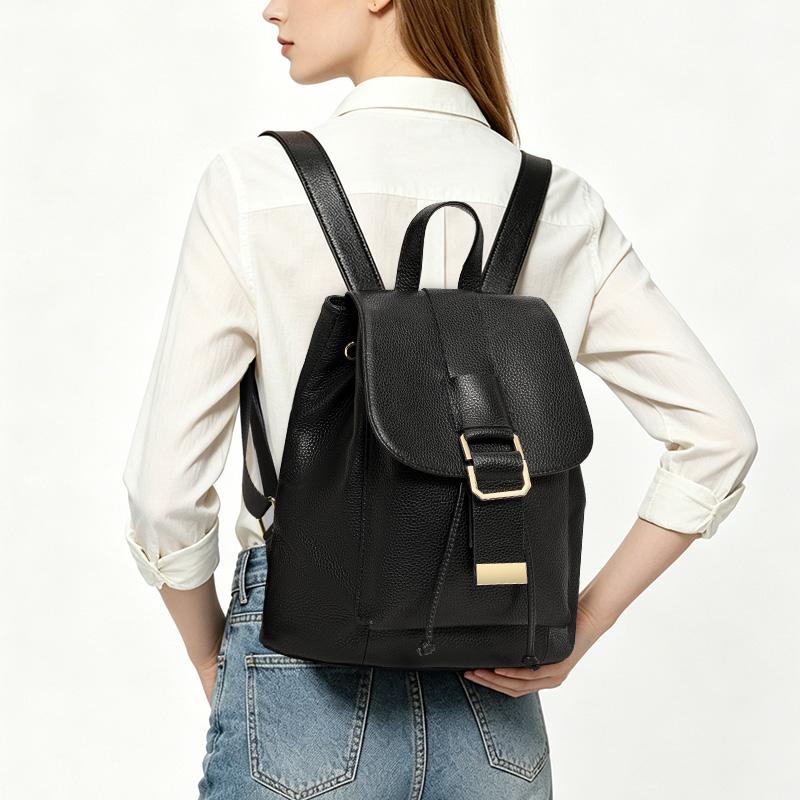 Women s Retro Flap Commuter Backpack, Genuine Leather with Litchi Grain & Square Metal Buckle L чёрный