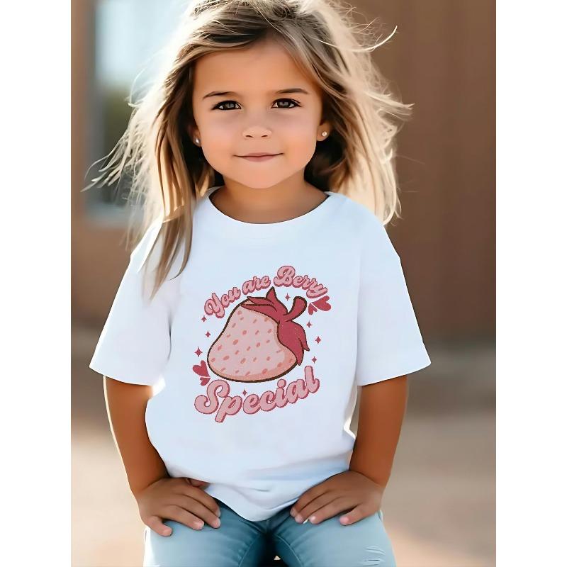 European Size Girls Round Neck Short Sleeved T Shirt with Heart Shaped Strawberry Pattern