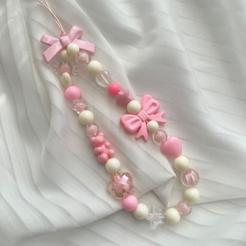 Bowknot Phone Lanyard Short Female Cute Peach Heart Colored Beaded Phone Shell Pendant Accessories Package Decoration