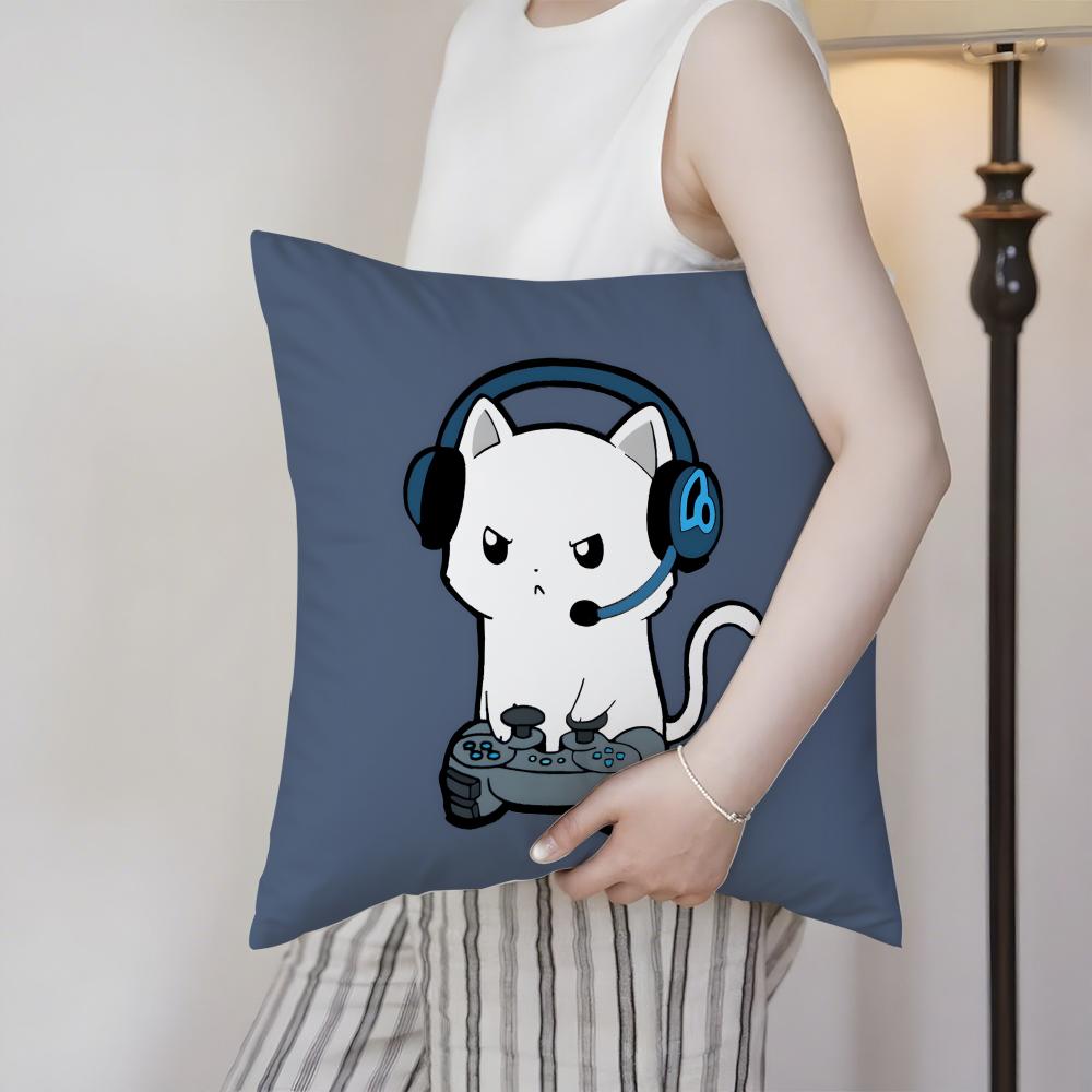 Funny Cat Thinking Network Pattern Cushion Cover Silky Elegant Comfort Sofa Bed Invisible Zipper Beach Pillowcase