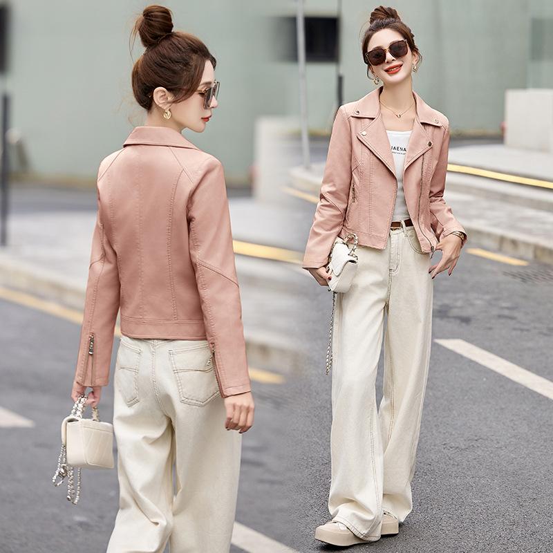 Leather jacket women's spring and autumn high-end casual locomotive soft leather jacket suit collar leather jacket top