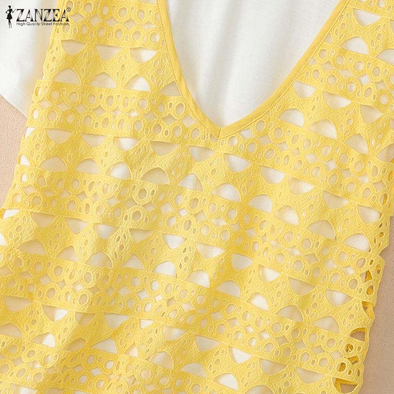 ZANZEA Women Casual Round Neck Mesh Patchwork Loose Short Sleeve T-Shirts