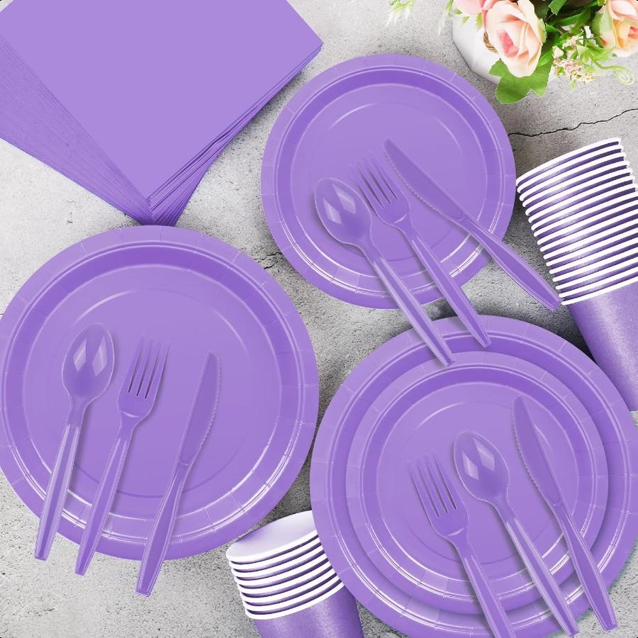 

175 шт. Праздничные бумажные принадлежности на 25 гостей Лавандовые бумажные одноразовые тарелки Лавандовые тарелки для дня рождения с салфетками, стаканами, пластиковыми ложками United States