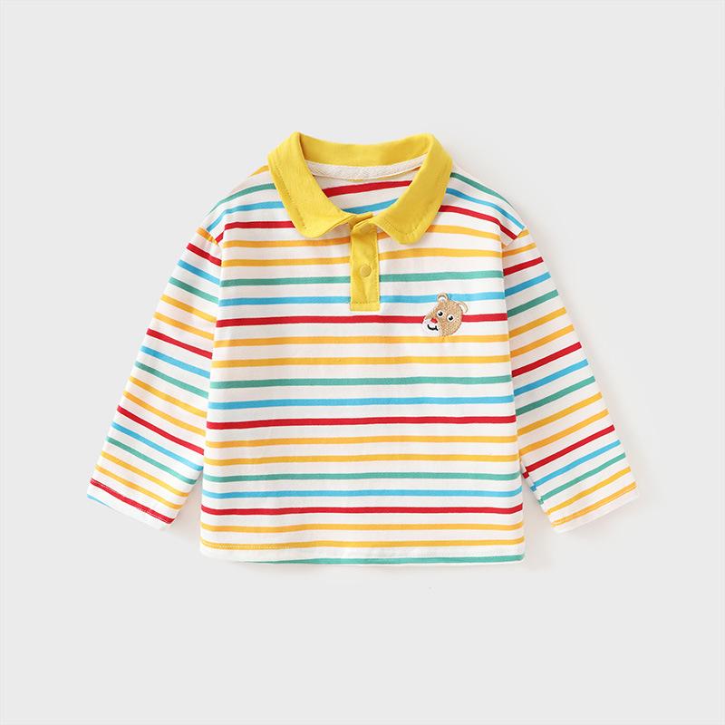 Infant children's t-shirt baby spring and autumn polo collar cartoon color strip autumn clothes boys and girls baby bottoming shirt