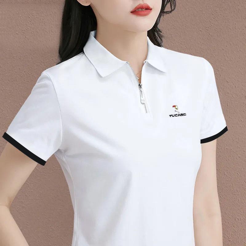 Women's Plus Size Zipper Polo Top: High-End Short Sleeve Loose Shirt for Middle-Aged Mothers, 2025 Summer Fashion