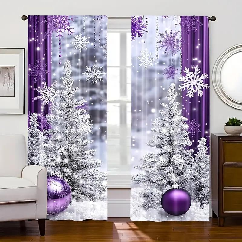 2pcs Purple Snowflake Snowy Christmas Tree Curtains   Light Blocking Polyester Rod Pocket for Holiday Home Decor