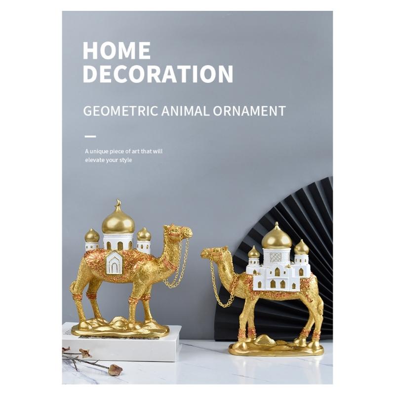 Camels Figurine with Mosque Tower Resin Camels Statue Ornament for Ramadans Eid Mubarak Home Decors Collectibles Gift
