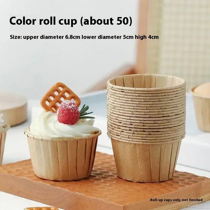

50pcs Cake Baking Roll Edge Muffin Cup Paper Tray High Temperature Resistant Oil Paper Dessert Steaming Baking Muffin Rolled Cup