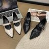 2024 neue spitze vielseitige Damenschuhe mit dickem Absatz mittlerer Höhe mit flachem Ausschnitt französisches Temperament Mary Jane Lederschuhe