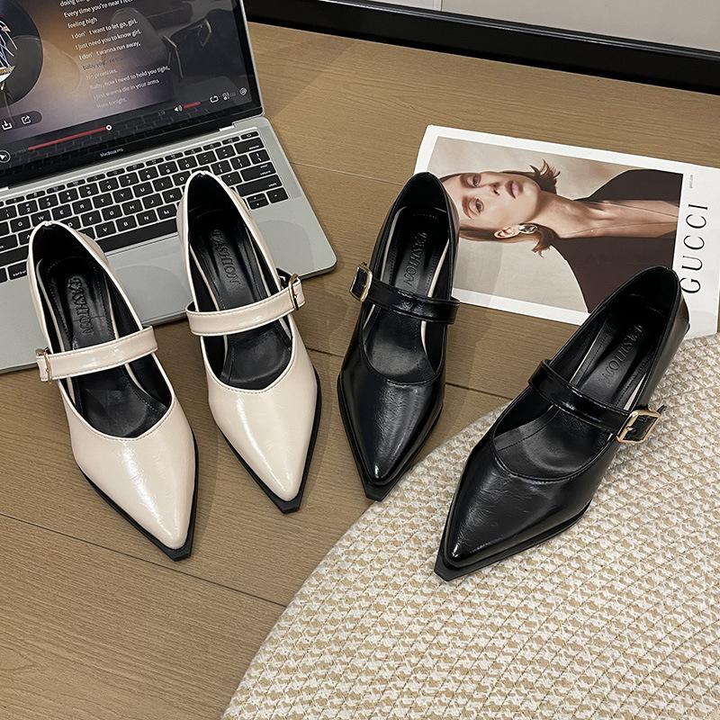 2024 neue spitze vielseitige Damenschuhe mit dickem Absatz mittlerer Höhe mit flachem Ausschnitt französisches Temperament Mary Jane Lederschuhe