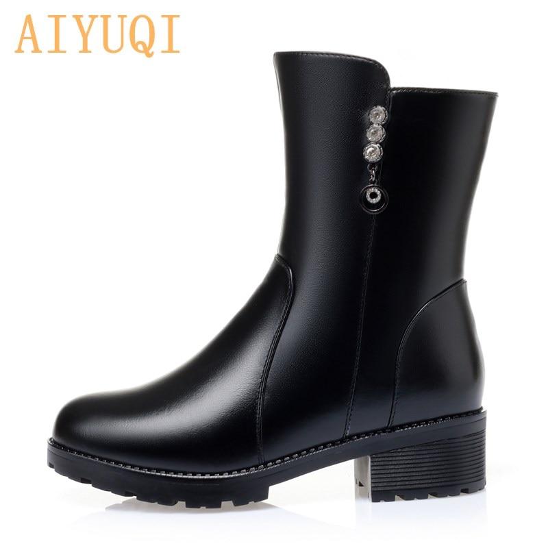 Dámské boty do sněhu Přírodní vlna Pravá kůže Teplé Dámské boty Zimní Velká velikost Dámské kotníkové boty na silném podpatku