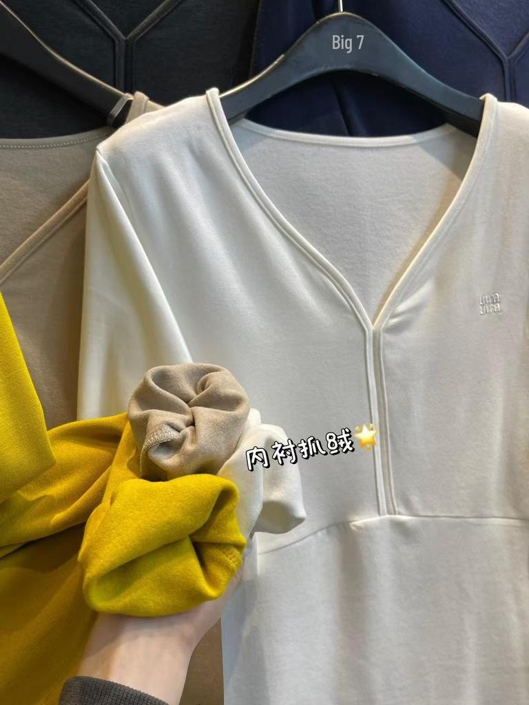 Women's Winter Korean Style V-Neck Fleece-Lined Long Sleeve Plus Size T-Shirt