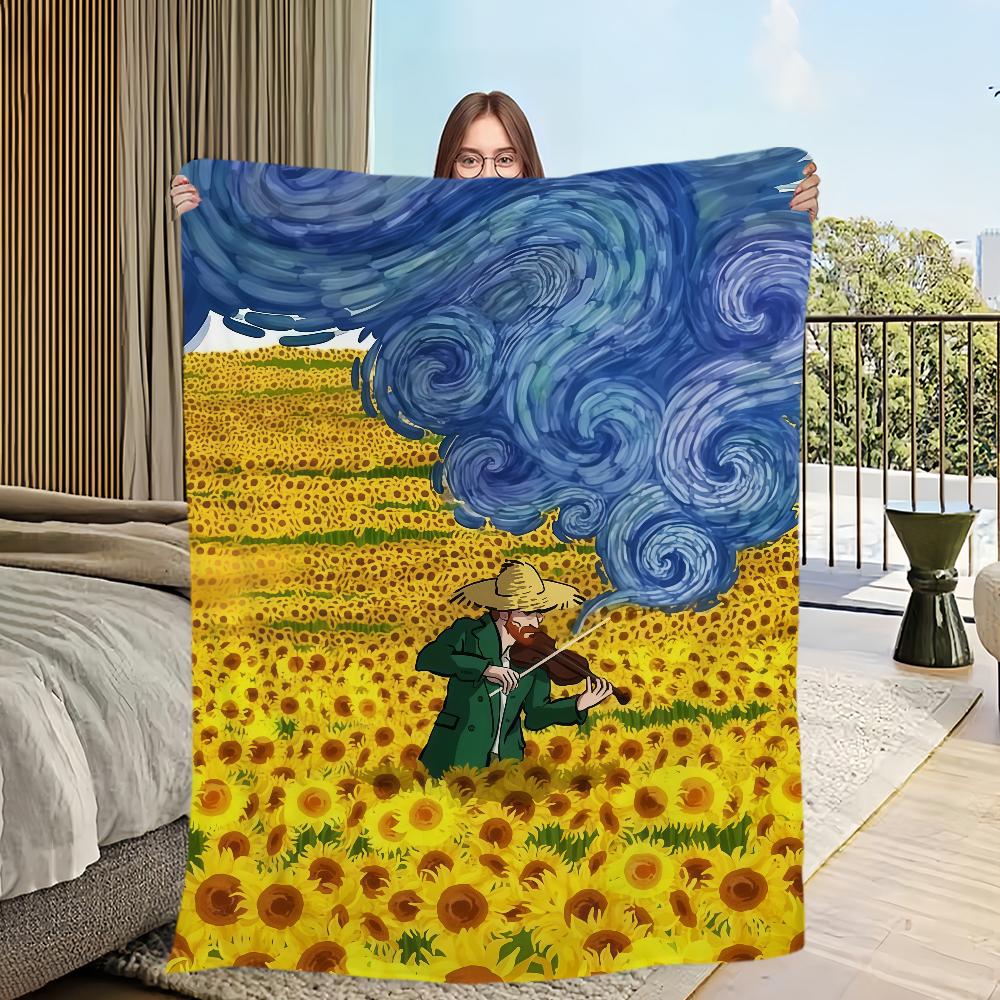Vintage Starry Sky Painting Flannel Warm Soft Plush Blanket Sofa Living Room Hogar V-Van Gogh Office Bedroom Travel Gift Home