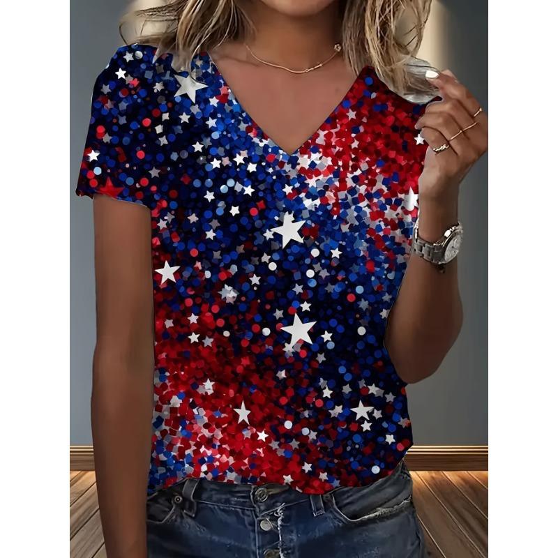 

Women s V-neck Short Sleeved T-shirt, Fully Printed, Featuring American Flag Day Themed Red, White, Blue XL