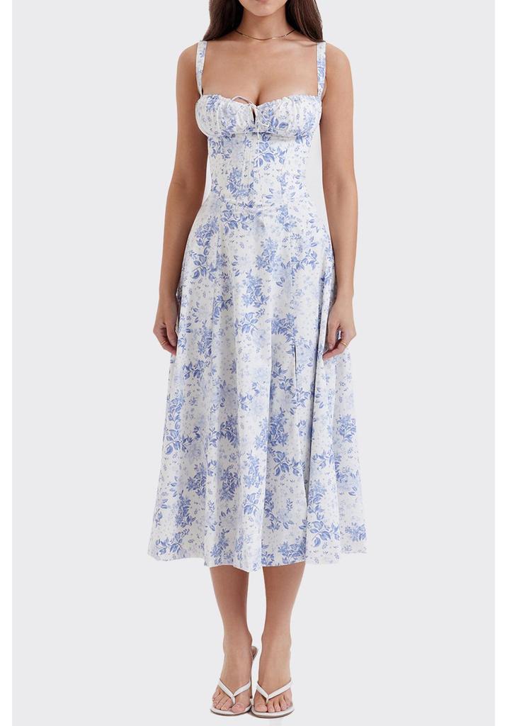 2026 Spring Women's Elegant Floral Slit Lace-up Dress - European & American Style