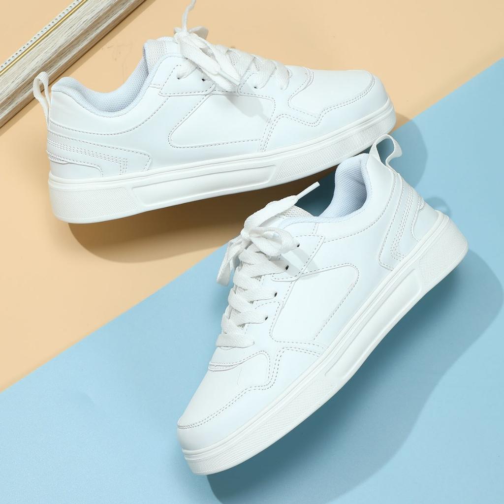 White Shoes PU Leather Board Shoes Women Breathable Casual Sneakers Men Lace-up Trendy Running Trainers Anti-slip Waterproof