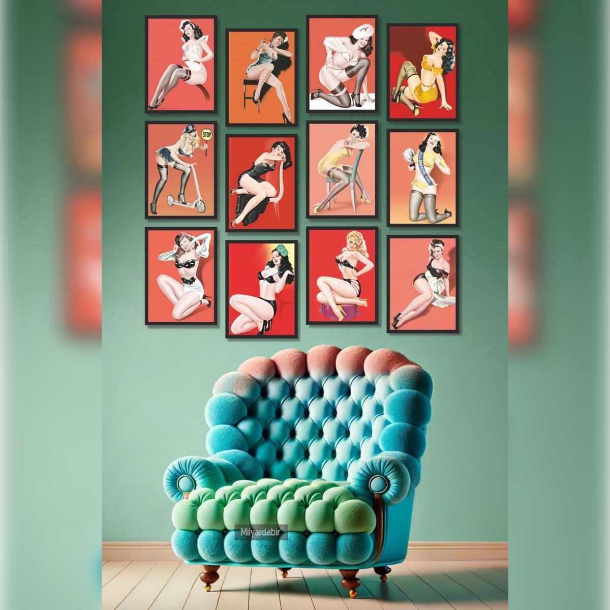 

Add Color to Your Walls with the Retro & Stylish 12-Piece Pin-Up Girl Themed MDF Wall Art Set!