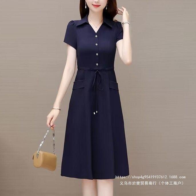 Medium mother dress short-sleeved dress medium old girl summer new waist cover thin temperament foreign skirt