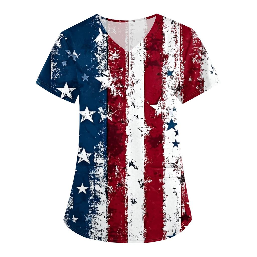 Women's Independence Day Printed Loose V-Neck Pocket Short-Sleeve Caregiver/Uniform