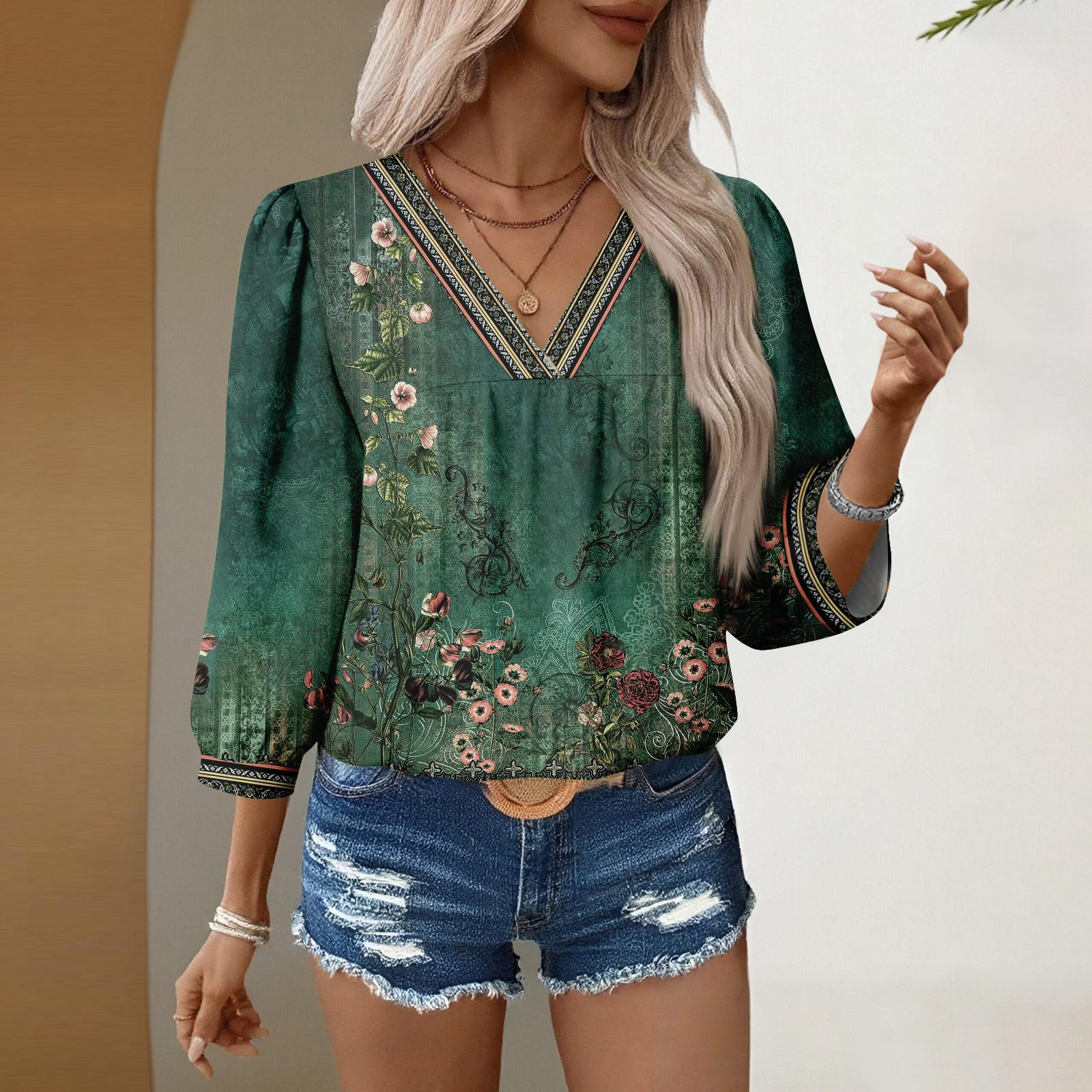 

Женские повседневные блузки с V-образным вырезом и цветочным принтом, рукав 3/4, бохо, осенние топы, рубашки M