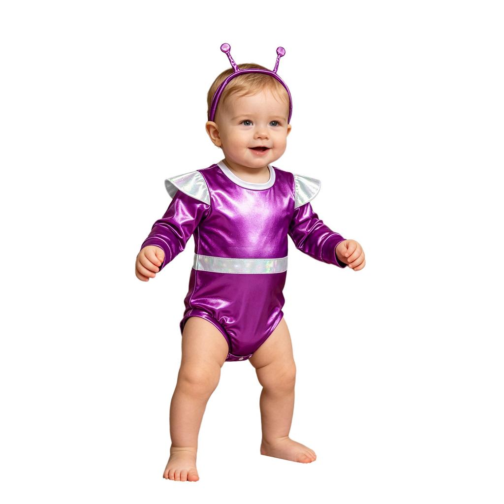 Baby Girls Color Block Alien Outfit Long Sleeve Press Button Crotch Metallic Romper Photography Costume