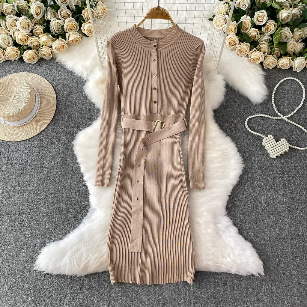 Spring Autumn Women Full Sleeve Knitted Sweater Office Work Slim Bodycon Pencil Dresses with Belt