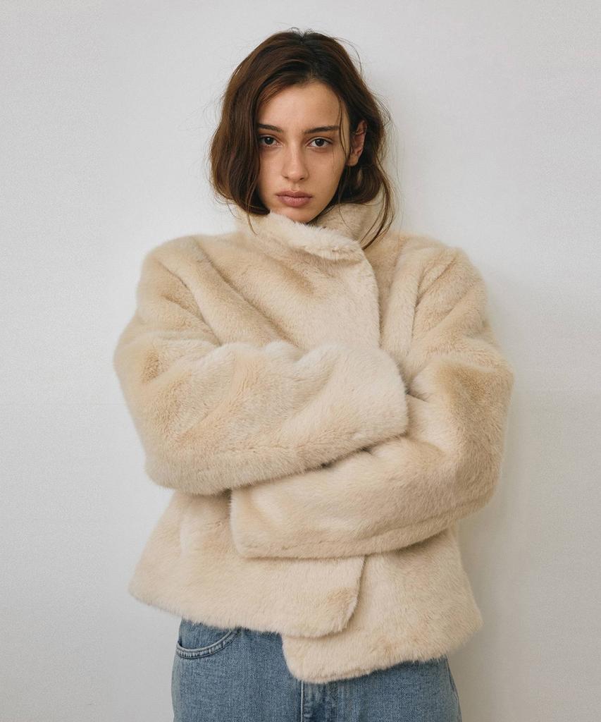AENE Atmo Faux High-Neck Fur Jacket (Beige)