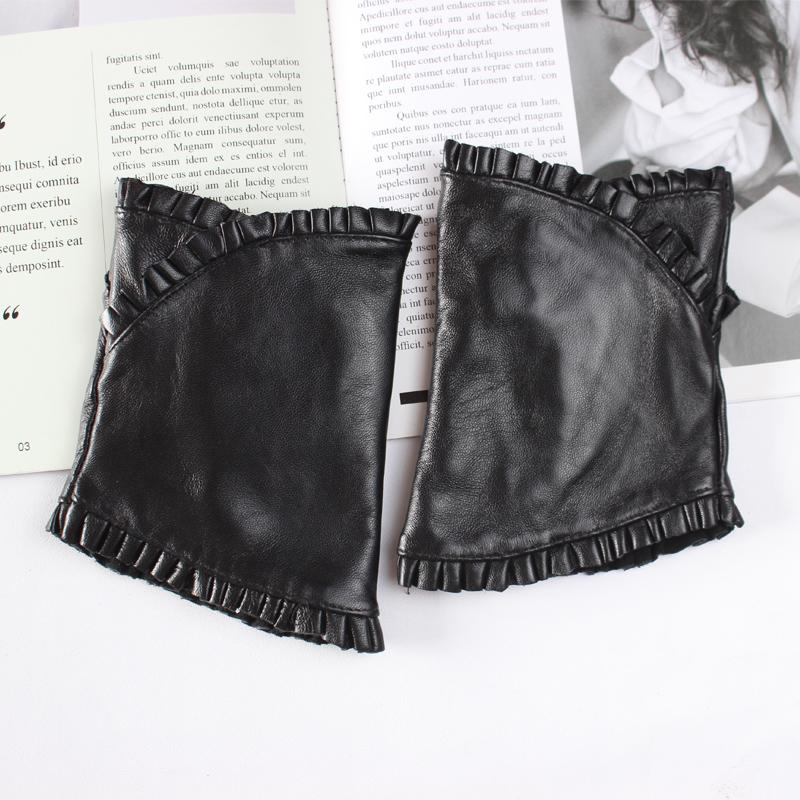 New Women's Sheepskin Half Finger Gloves Leather Fashion Lace Style Warm Velvet Cool Silk Black Riding Driving Gloves