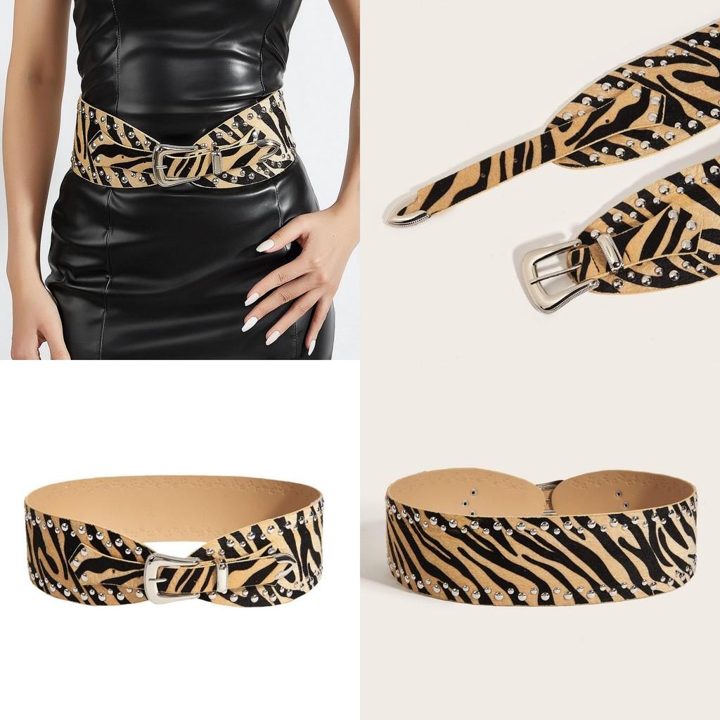 Fashion Leopard Print Pattern Rivet Metal Buckle Decoration Women Wide Waistband