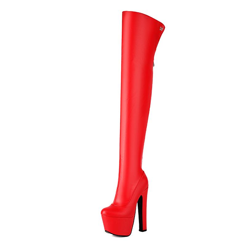 

Plus Size High Waterproof Platform Super High Hollow Thick Heel Sexy PU Elastic Boots Back Zipper Plush Lining Winter Long Boots 39