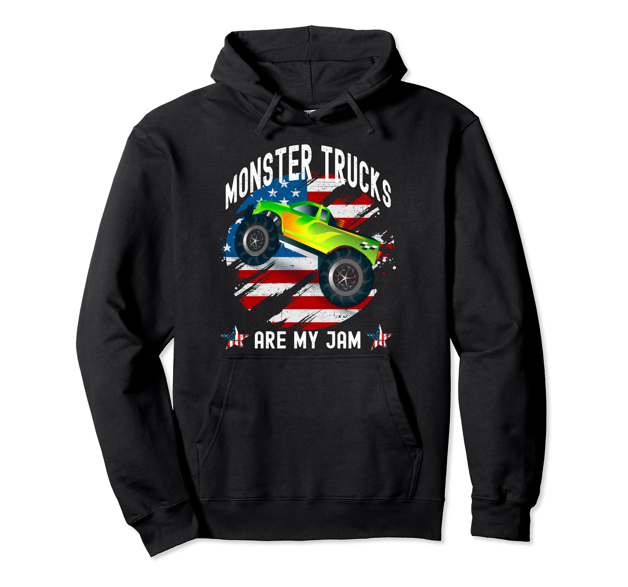 

Monster Trucks Are My Jam Rugged USA Flag Stars and Stripes Hoodie